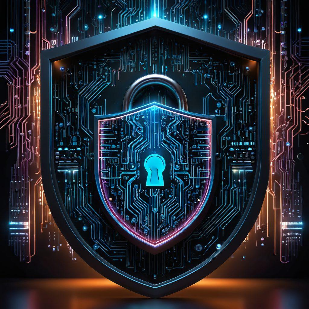 An abstract representation of a digital shield protecting personal information, featuring a glowing padlock surrounded by binary code and circuit patterns, with a background of intertwined networks. The image conveys a sense of security and technology. vibrant colors. cyberpunk.