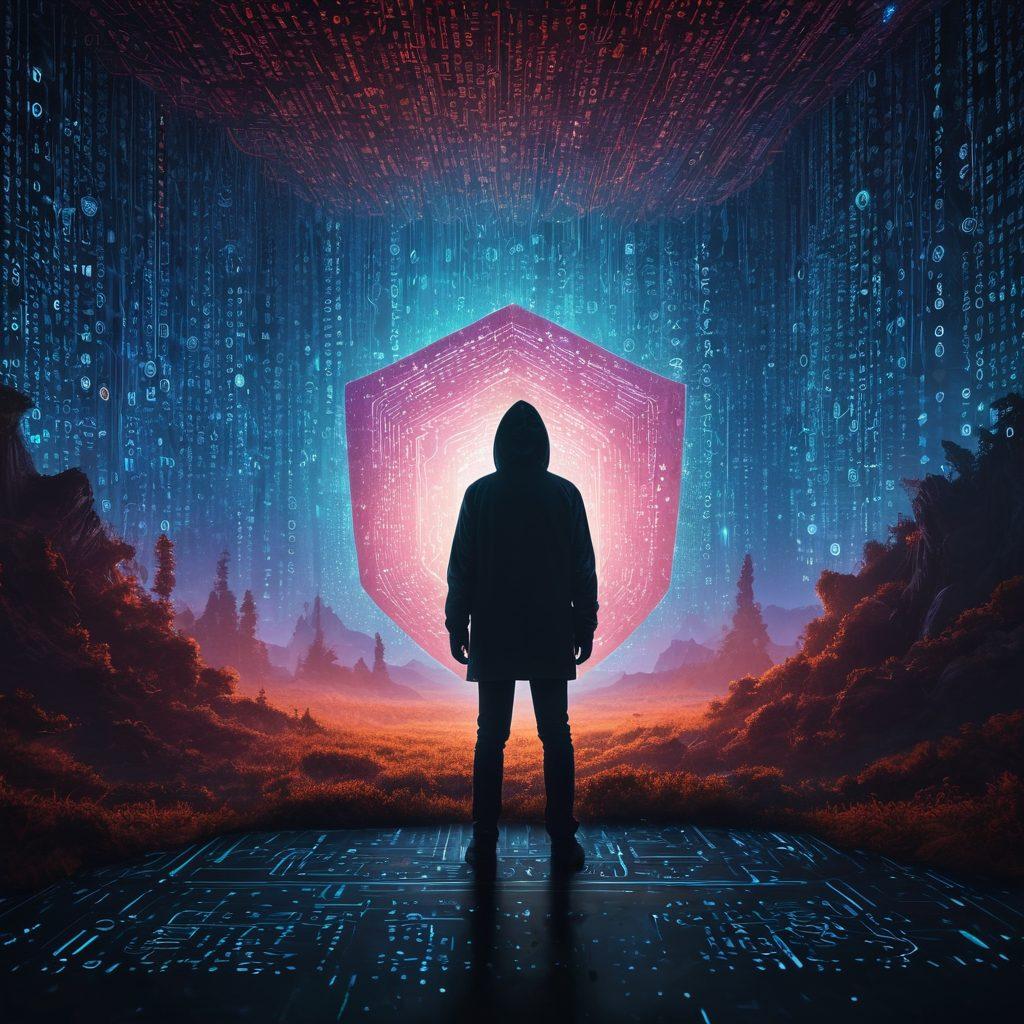 A digital landscape with a person shielded by an oversized shield made of binary code. In the background, shadowy figures representing cyber threats, such as hackers and malware, lurk. The scene is illuminated by glowing locks and security icons, symbolizing protection and safety. A serene atmosphere, contrasting the lurking dangers. vibrant colors. 3D.